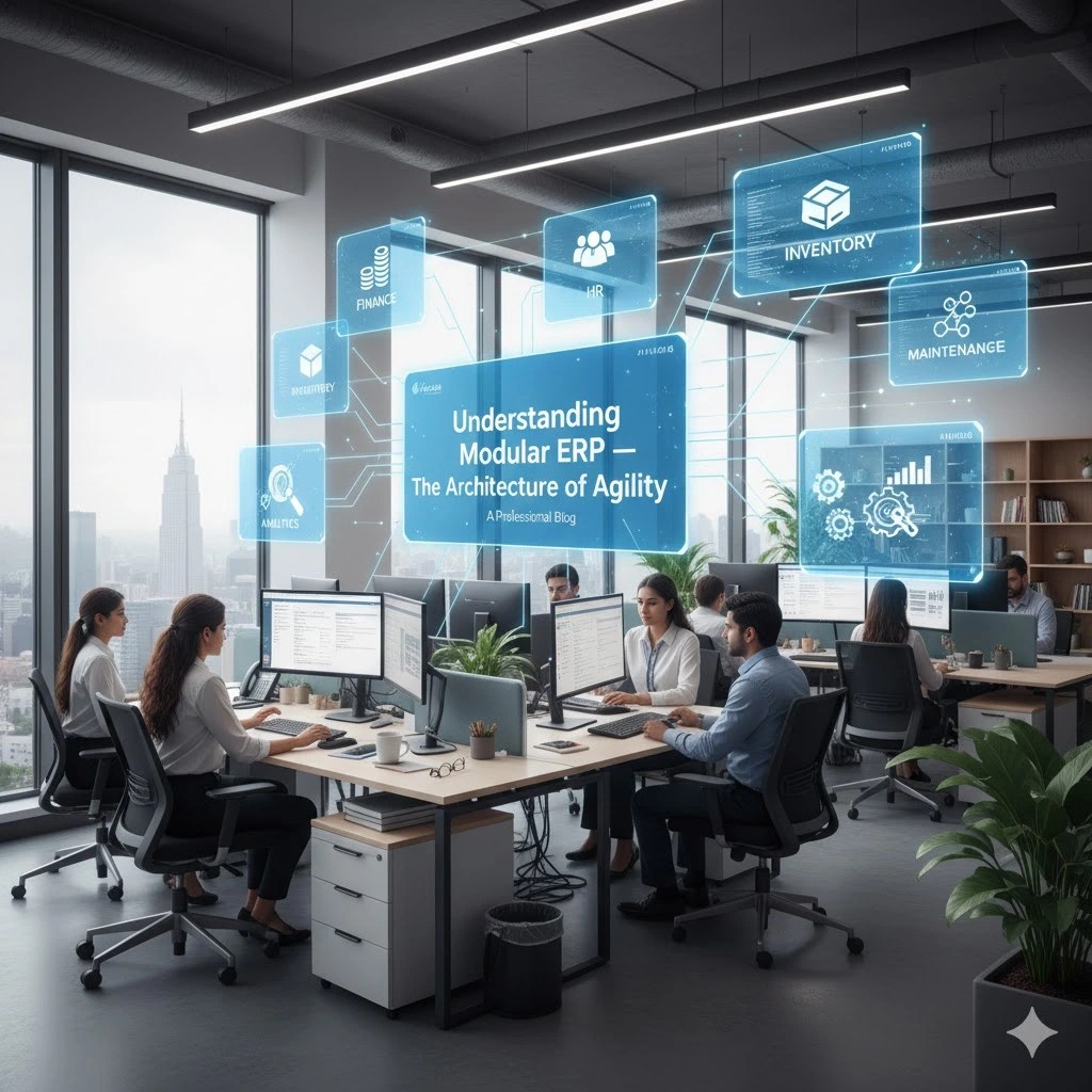 Illustration of a modular ERP Software for mid-size enterprises showing interconnected modules for Finance, HR, Inventory, CRM, Maintenance, Project Management, and Analytics.