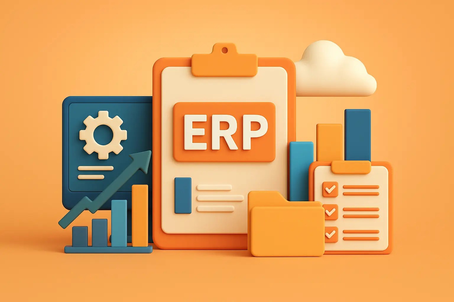 3D digital illustration showing ERP systems with charts, cloud, and analytics visuals representing upgrade versus replacement comparison.