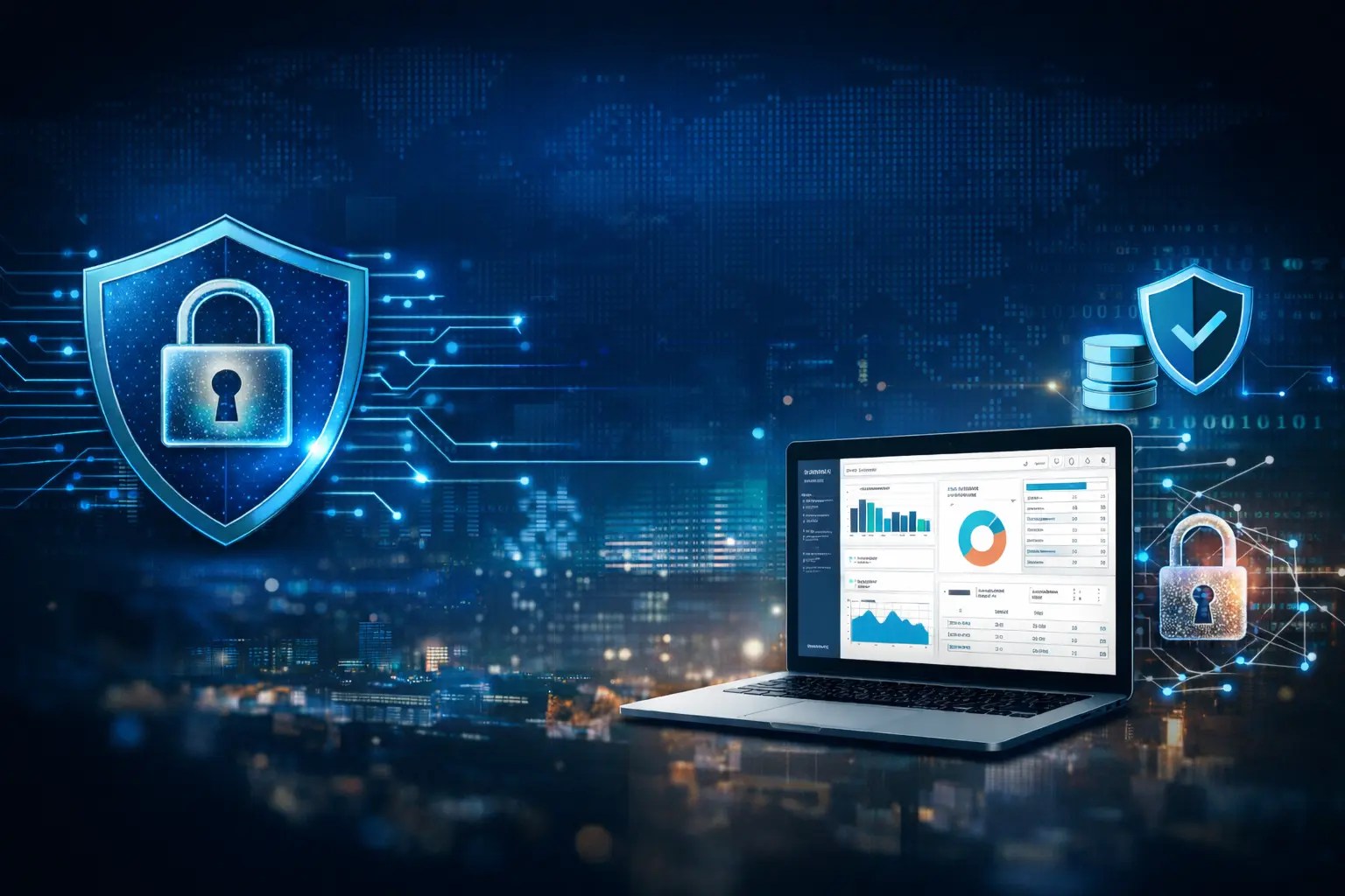 Secure enterprise ERP system protecting sensitive financial and business data with digital shield and encrypted network visualization