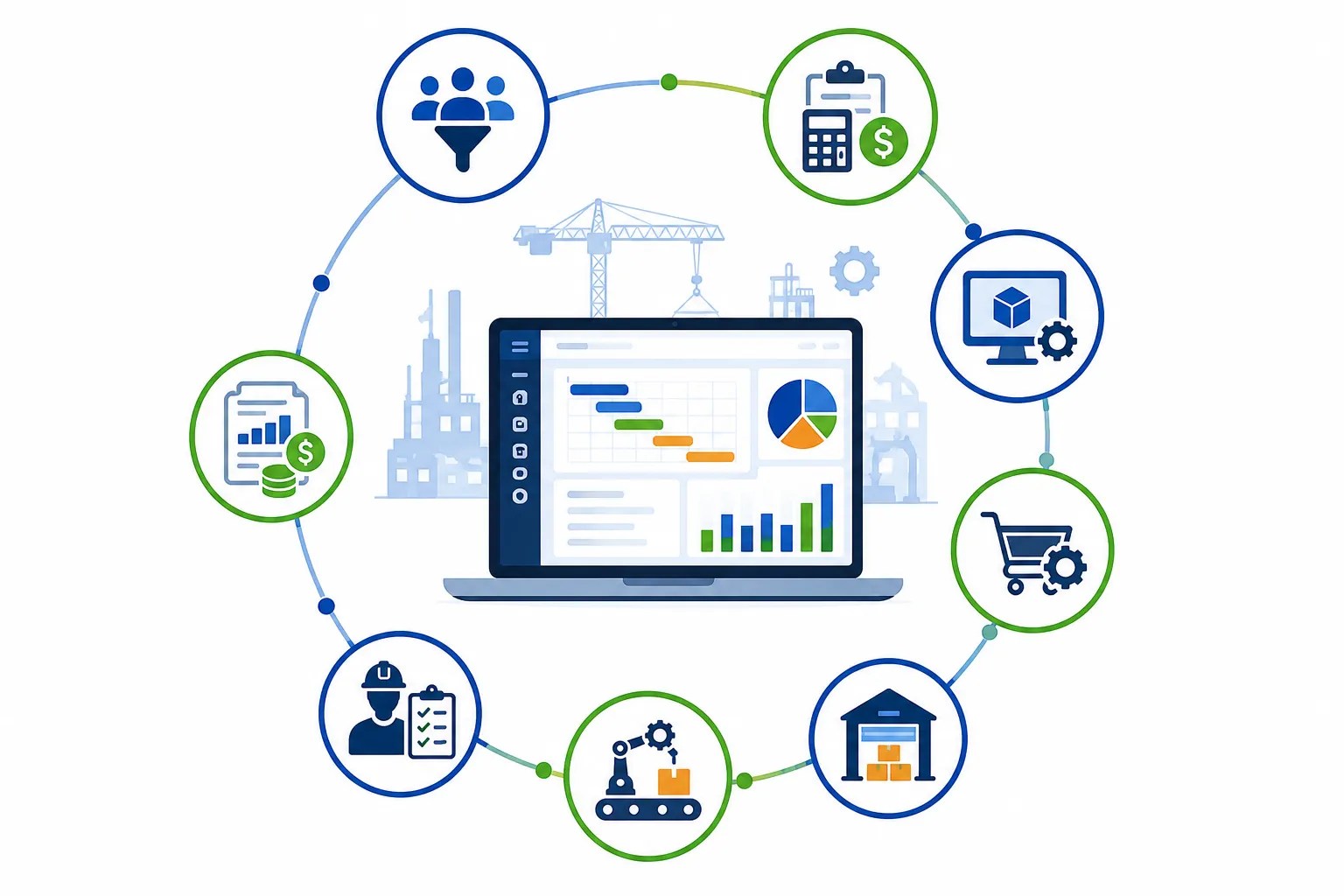 Vector illustration showing integrated ERP software for project-based engineering companies with CRM, estimation, engineering, procurement, inventory, production, project execution, and finance modules connected through a centralized platform.