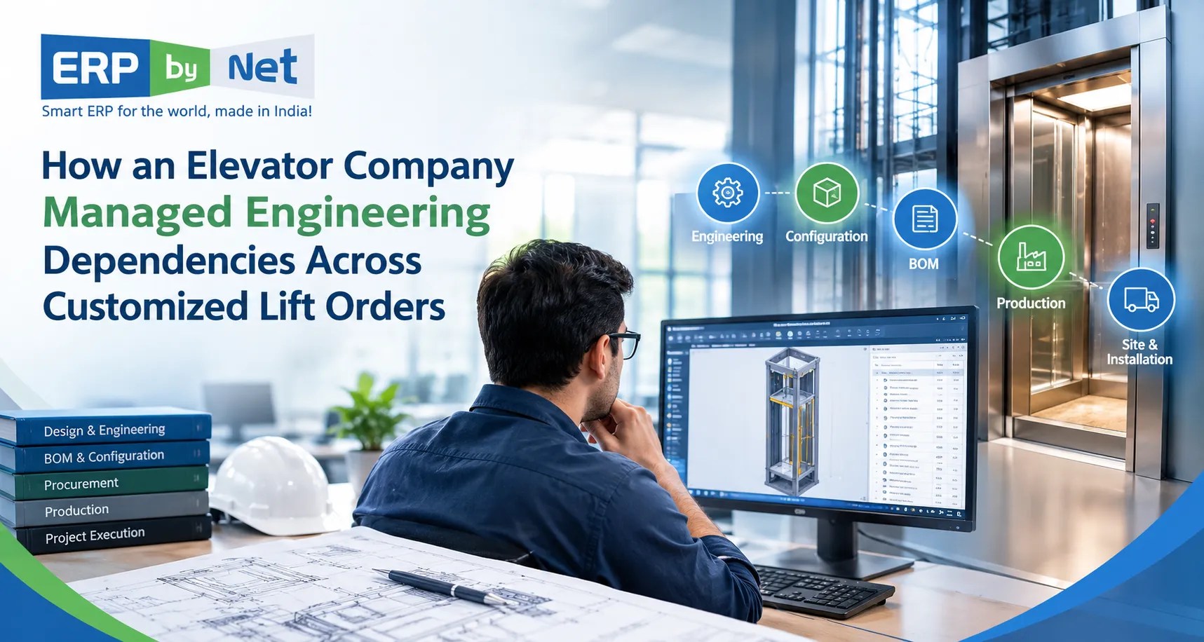 Elevator engineer managing engineering dependencies across customized lift orders using CAD drawings and connected workflows.