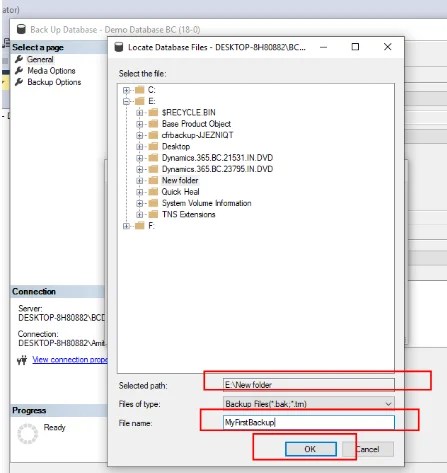 How to Take BACKUP from SQL Database 8 locate database files window open in sql
