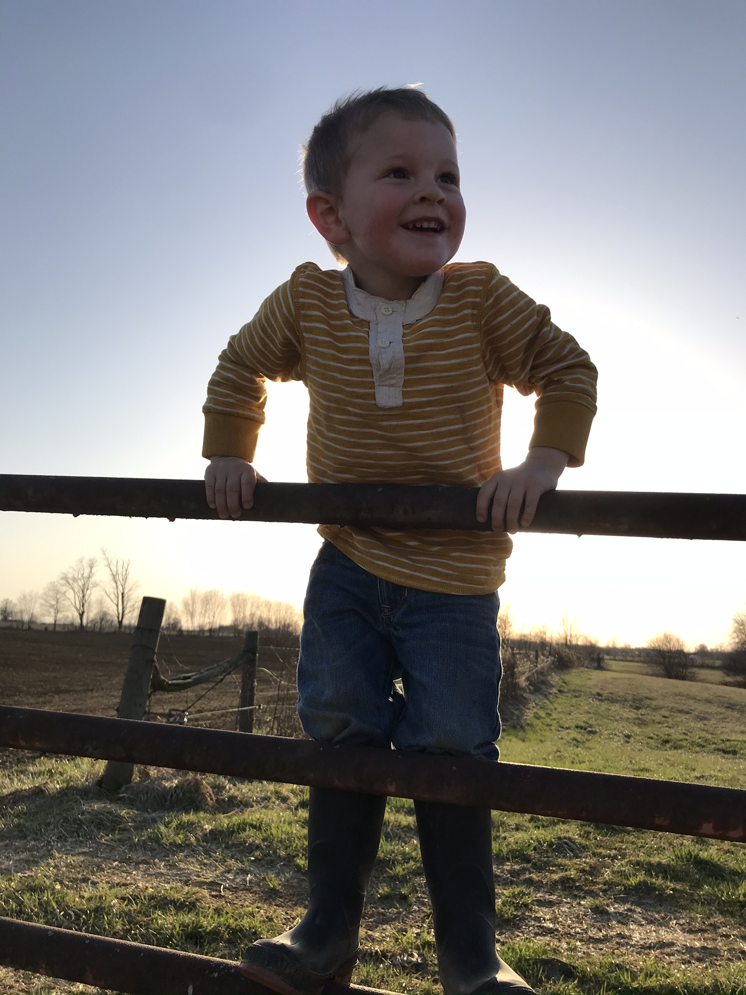 boy on fence gate with sun behind him