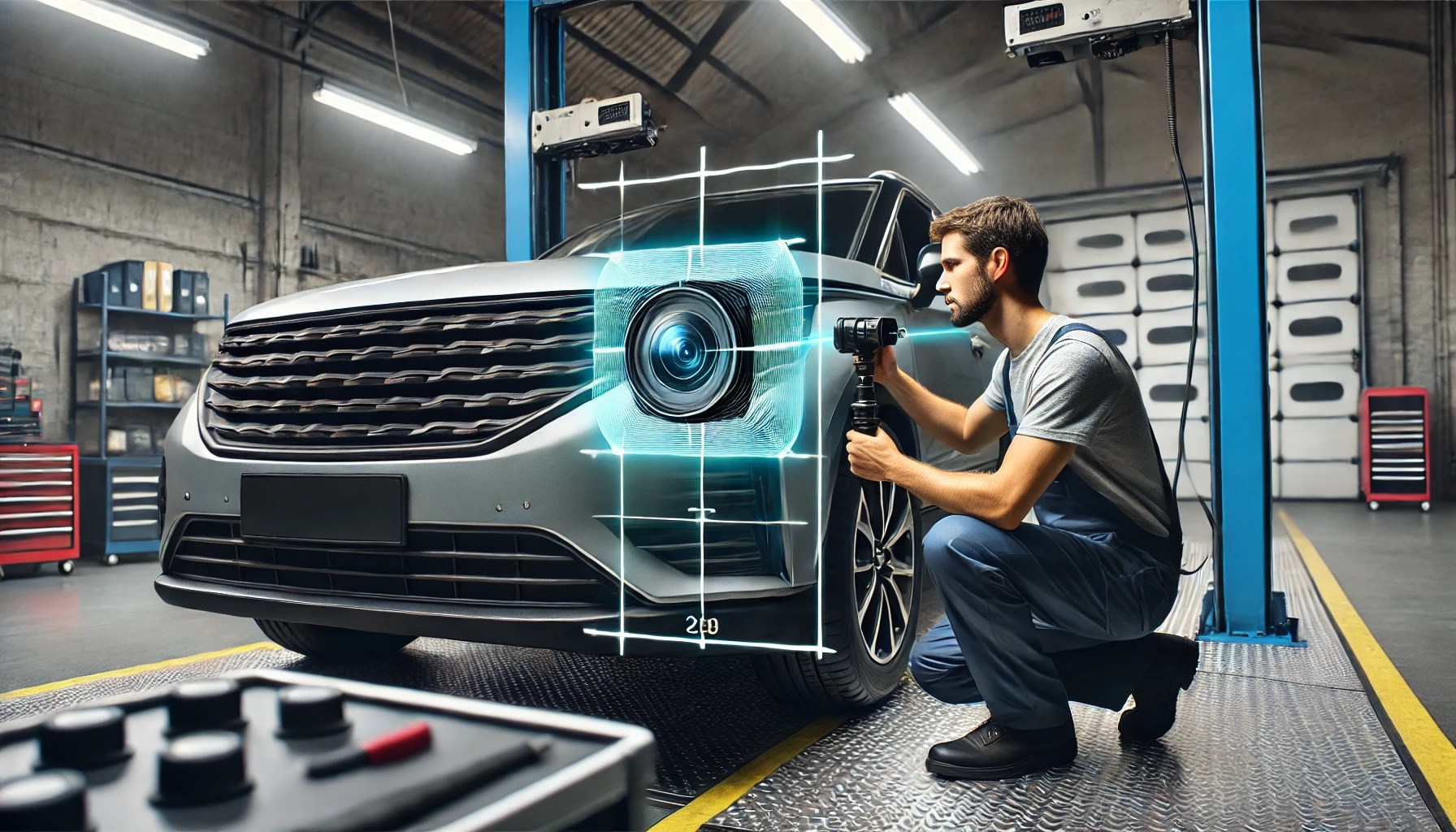 mechanic adjusting the Recognition Camera Axis of a car