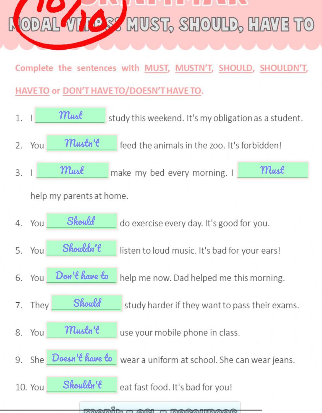 me pueden ayudar con estos ejercicios de modal verbs must should have to brainly lat