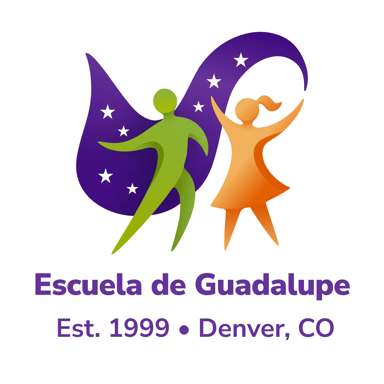 This is the school's updated 2026 logo. It is an illustration of a boy and a girl (rendered in green and orange) with a purple swoop behind them. It includes the words, "Escuela de Guadalupe Est. 1999 Denver, CO"