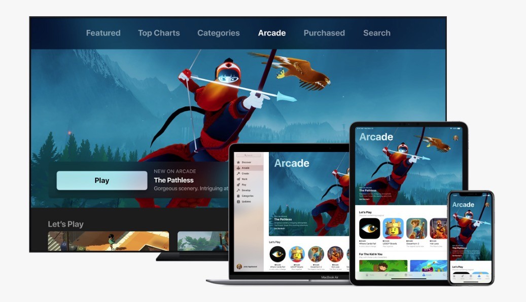 Imagen promocional de Apple Arcade, mostrando un iPhone, un iPad, un Apple TV y un Macbook