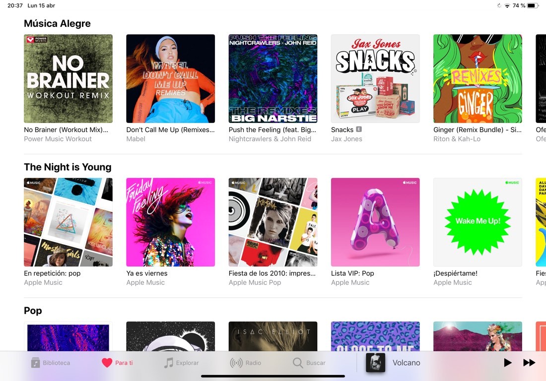 Captura de pantalla de la aplicación Apple Music, con las listas personalizadas que aparecen en la pestaña “Para ti”