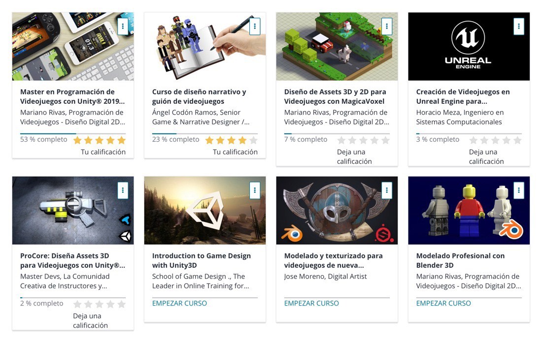 Captura de pantalla de la plataforma de cursos online Udemy, mostrando varios cursos de programación y desarrollo de videojuegos.