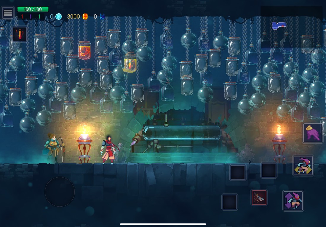 Captura de pantalla de Dead Cells. Se muestra al protagonista y un montón de frascos vacíos colgando del techo