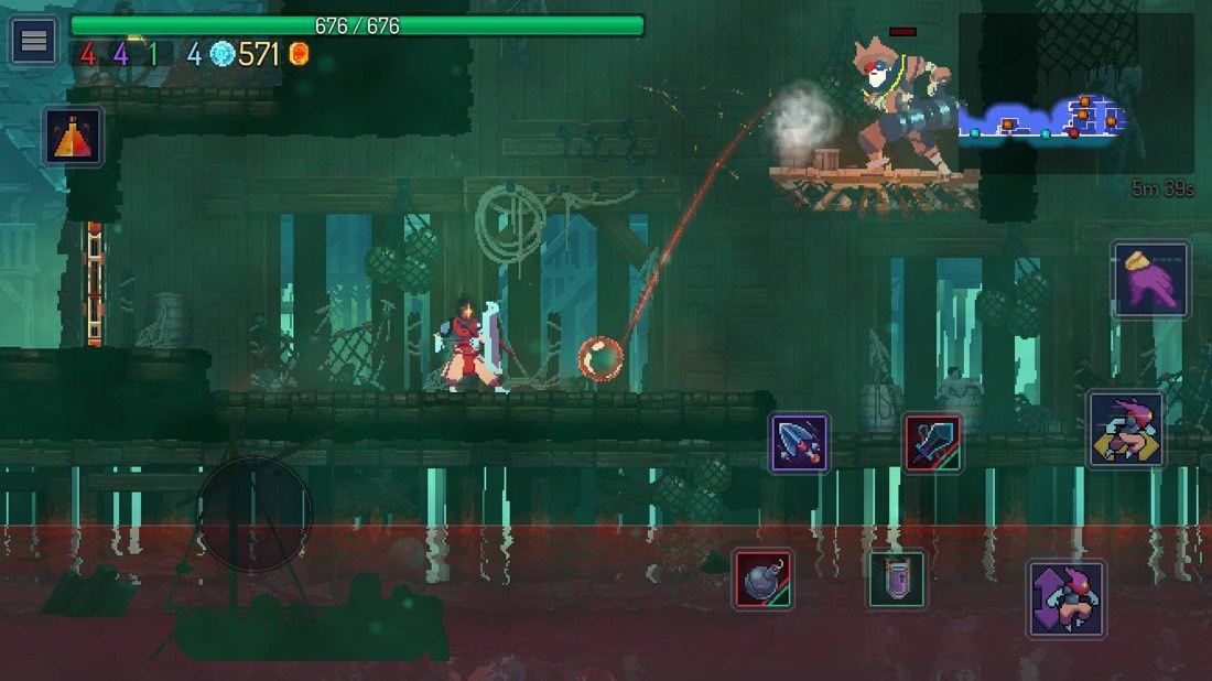Captura de pantalla de Dead Cells. Se ve una de las mazmorras con el protagonista y un enemigo. En la parte inferior derecha se pueden ver los controles de ataque.