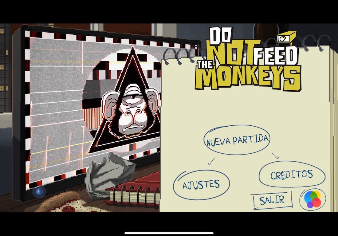Captura de pantalla de Do not feed the monkeys en iOS. Pantalla principal con el menú de acceso al juego