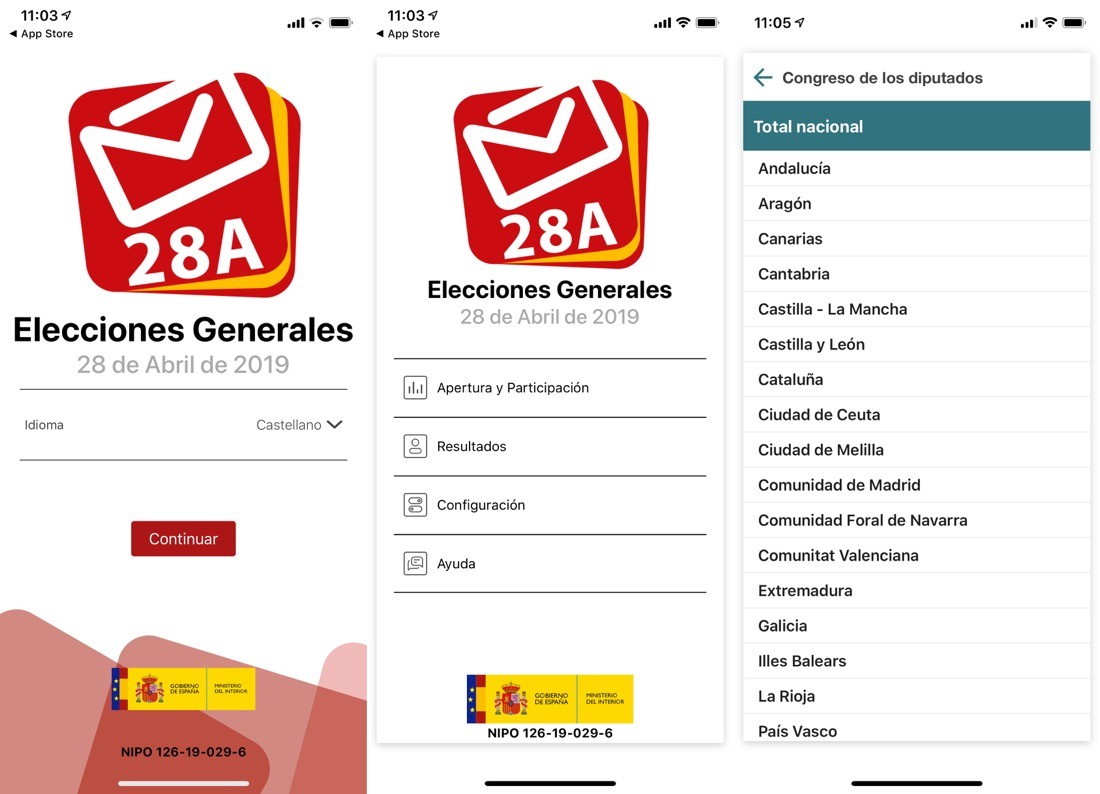 Capturas de pantalla de la aplicación "Elecciones Generales 28A". Se muestras tres pantallas del menú, una para escoger idioma, otra para seleccionar el tipo de datos a ver y la última con un listado de Comunidades Autónomas.