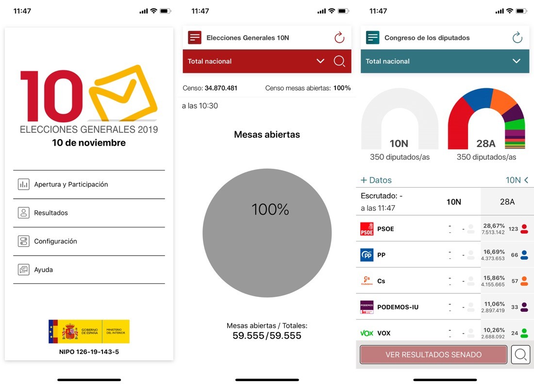 Capturas de pantalla de la app de Elecciones Generales 10N para iPhone