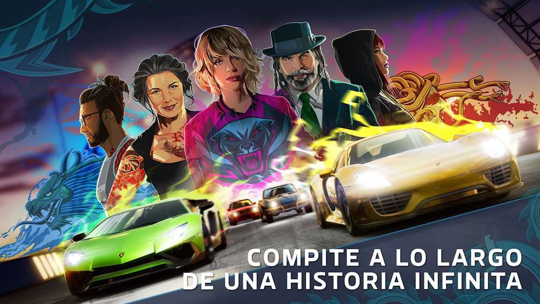 Imagen promocional del juego de carreras Forza Street, donde al estilo de postre de película aparecen varios coches y personajes en la parte de atrás.