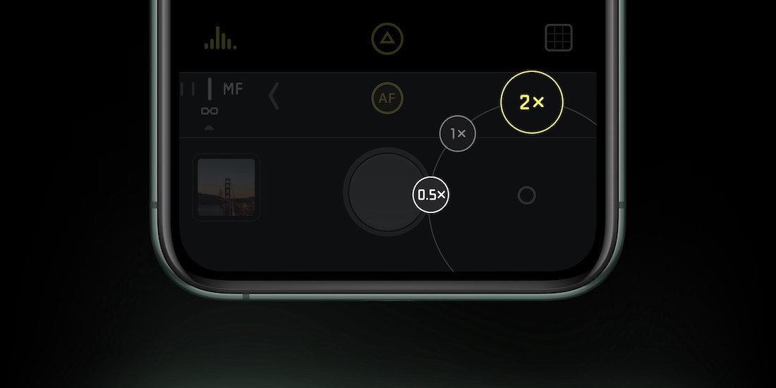 Detalle de la app Halide donde se ve el selector de lente del iPhone 11 Pro
