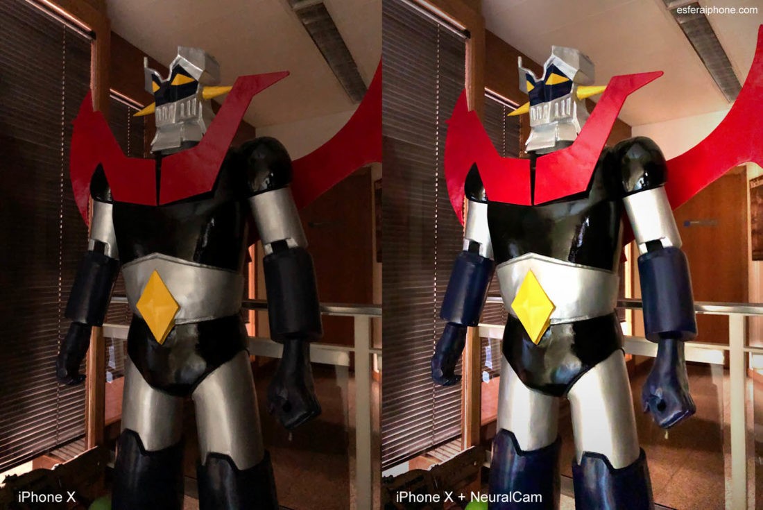 Dos imágenes de una figura de Mazinger Z. Una hecha con la app de cámara normal del iPhone X y la otra con la app NeuralCam. La segunda se ve más luminosa y con colores más vivos.