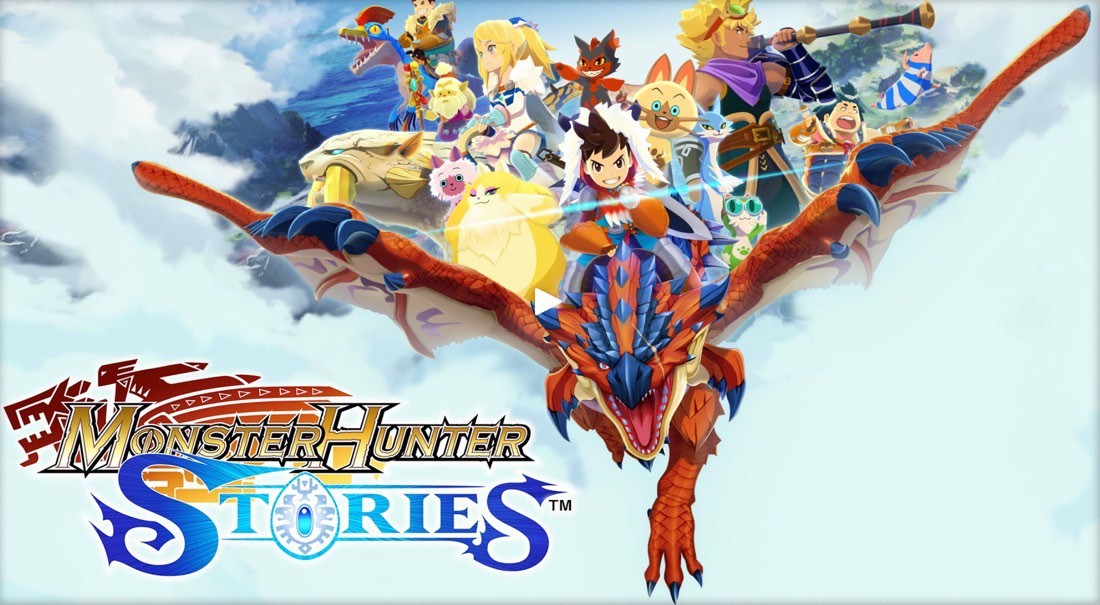 Imagen promocional del juego Monster Hunter Stories, con el protagonista montado a lomos de un dragón y varios personajes de fondo.