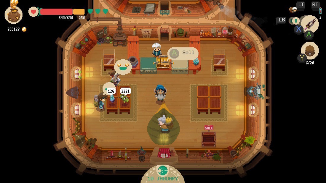 Captura de pantalla del juego Moonlighter. Protagonist en su tienda de objetos y varios clientes. Pixel art.