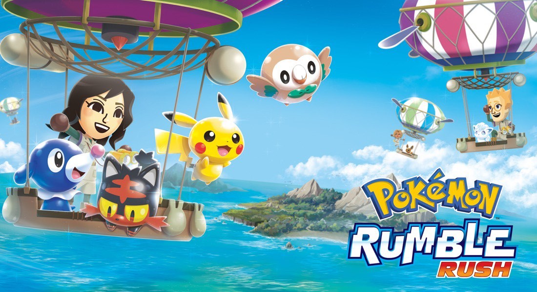 Imagen promocional de Pokemon rumble rush, donde se ven varios pokemon y entrenadores sobre globos aerostáticos. De fondo islas y mar