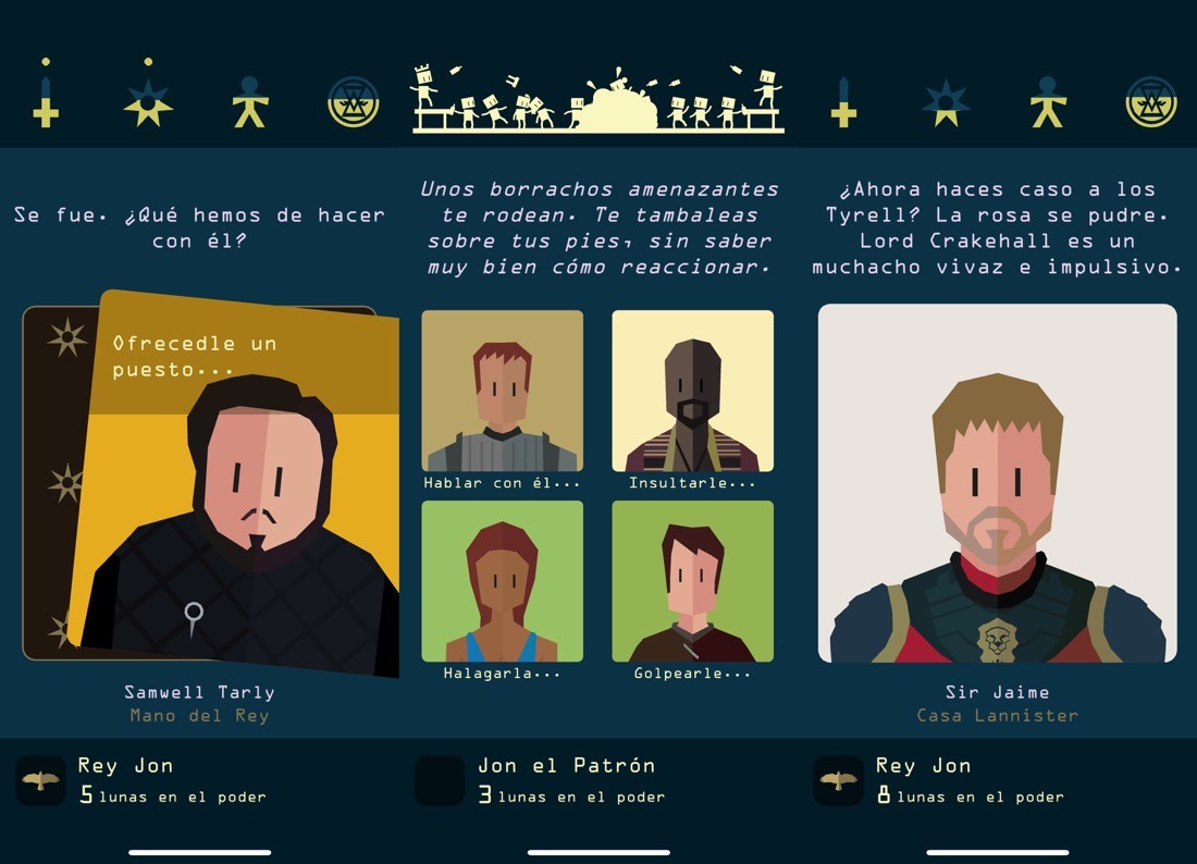 Tres capturas de pantalla del juego de elecciones Reigns: Game of Thrones, con varios personajes y textos que nos cuentan la historia.