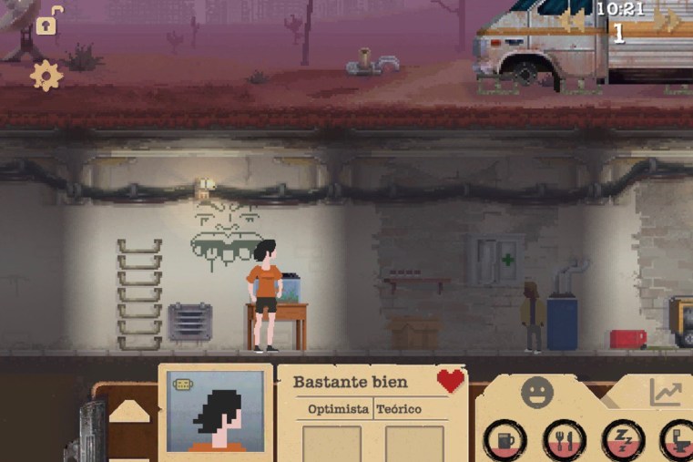 Captura de pantalla del juego de supervivencia “Sheltered”. Protagonistas en un búnker bajo tierra.