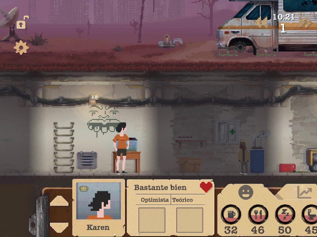 Captura de pantalla del juego de supervivencia “Sheltered”. Protagonistas en un búnker bajo tierra.