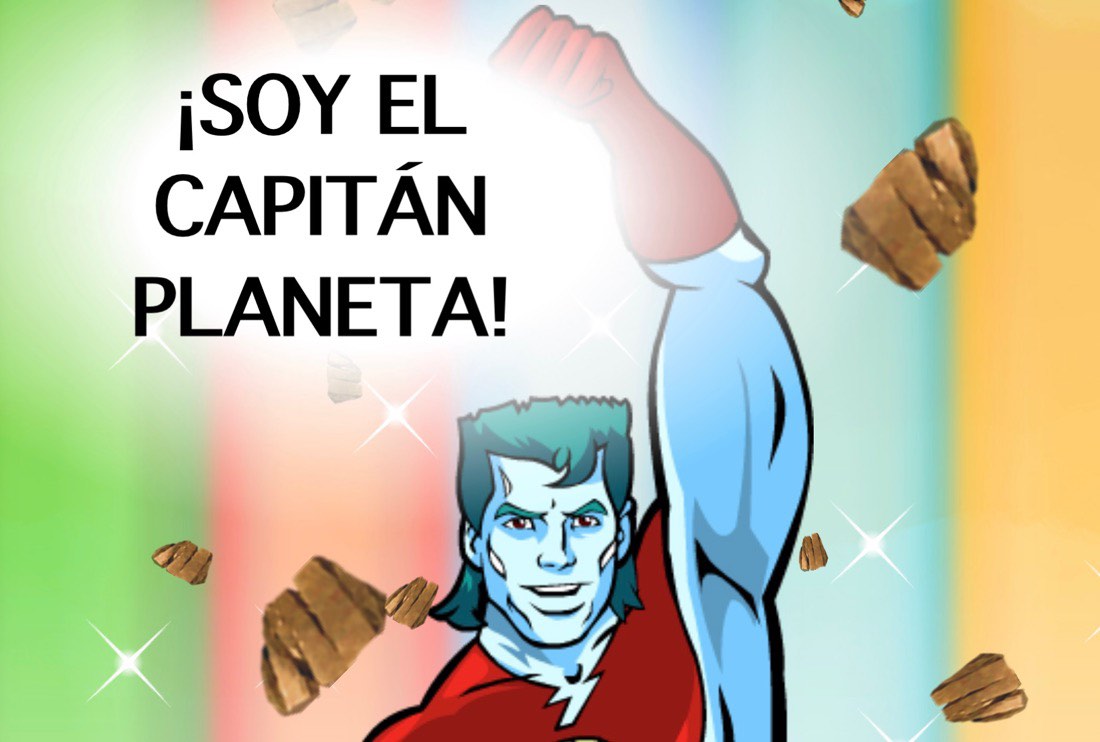 Capitán Planeta con el puño al aire y gritando: “¡Soy el Capitán Planeta”. Colores verde, rojo, azul cielo, azul agua y amarillo de fondo (colores de los 5 planetarios)