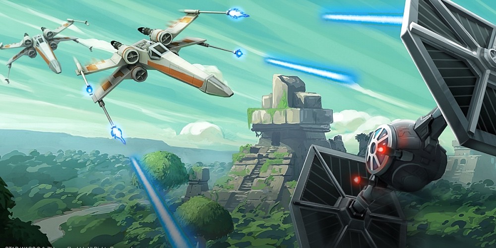 Ilustración de Star Wars. Se ve una nave X-Wing disparando a un Tie Fighter. De fondo se muestran montañas y bosques.