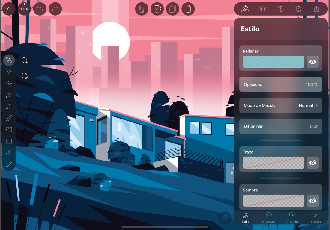 Captura de pantalla de la aplicación Vectornator en iPad. Se muestra una ilustración, además de la interfaz de la app.