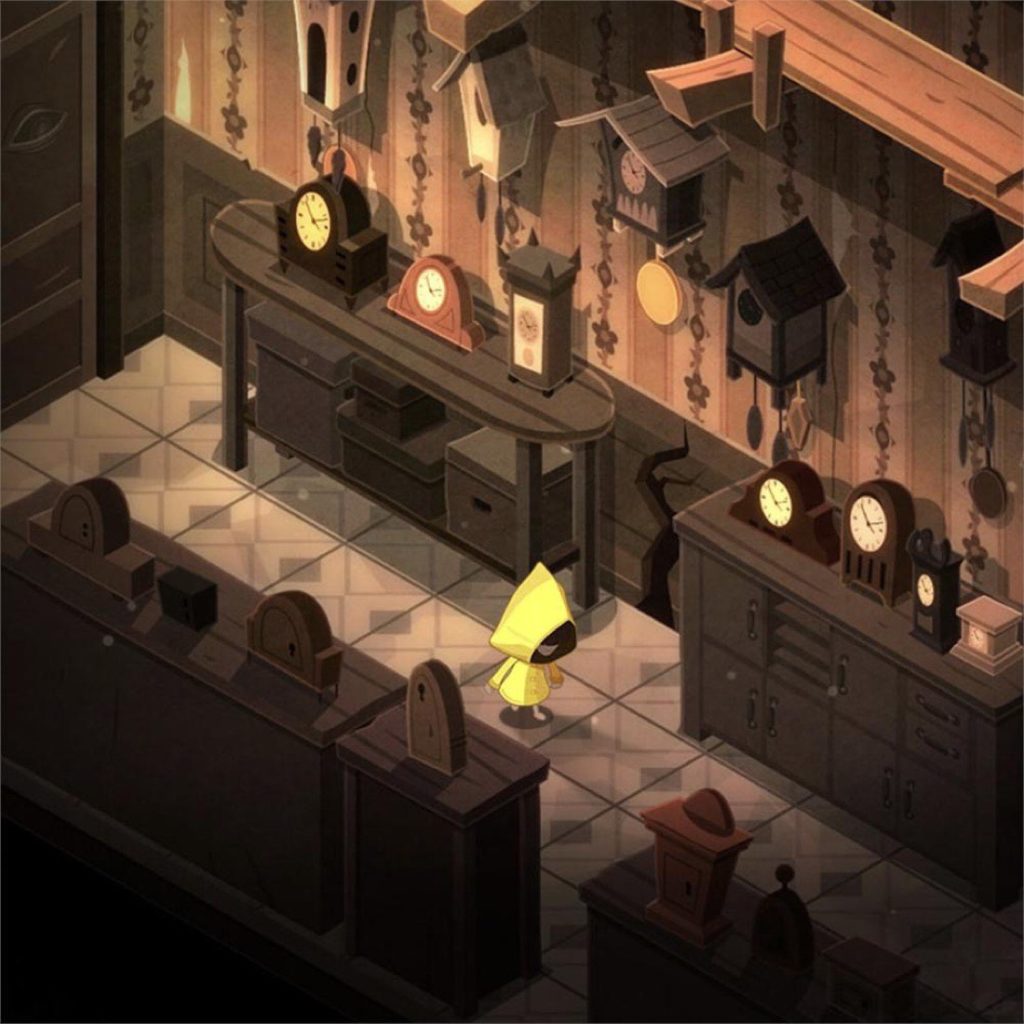 Imagen del juego de puzles Very Little Nightmares. Sala llena de relojes por todas partes con la protagonista, con chubasquero amarillo, en medio.