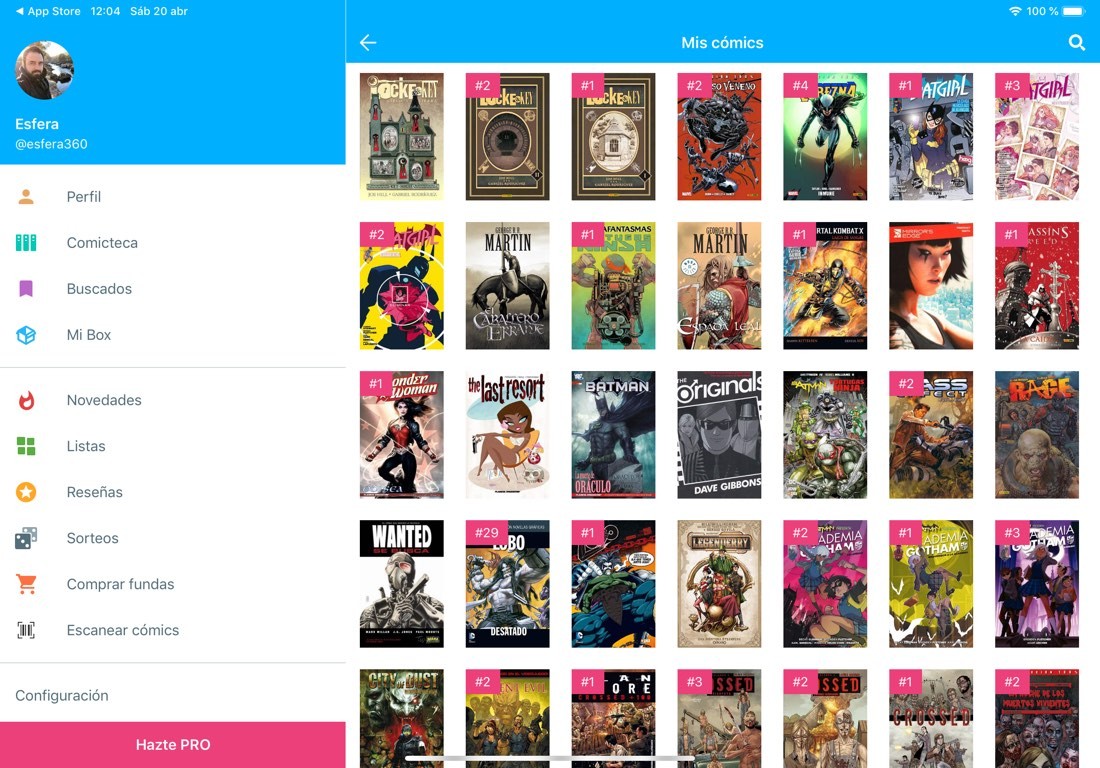 Captura de pantalla de la app Whakoom. Se muestra la comiteca con las portadas de los cómics que tenemos en nuestra colección.
