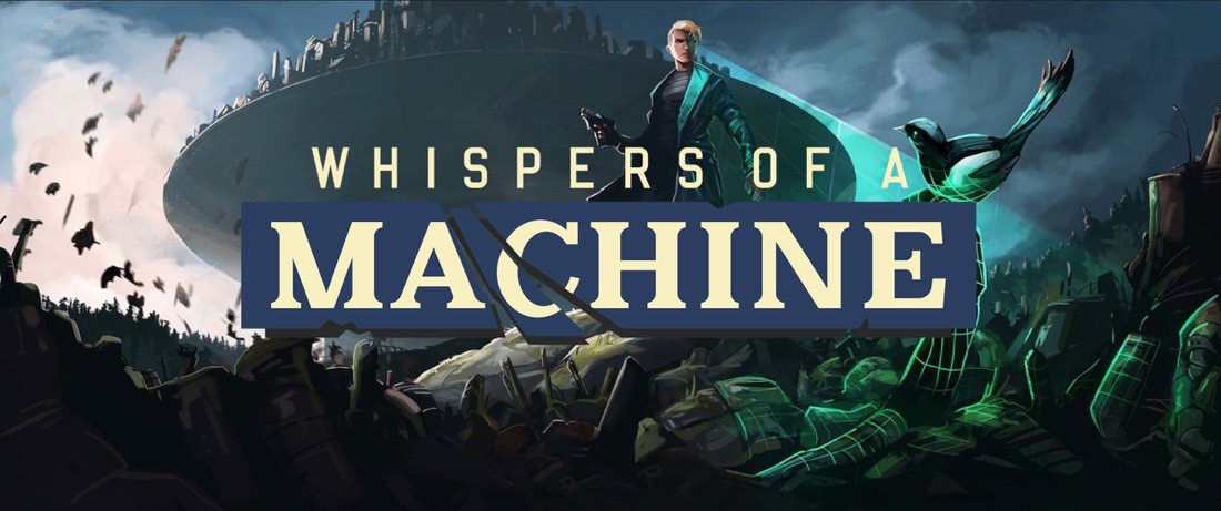 Imagen promocional de “Whispers of a Machine”, con el logo en primer plano y la protagonista sobre un montón de chatarra. Un pájaro se posa sobre un trozo de chatarra.