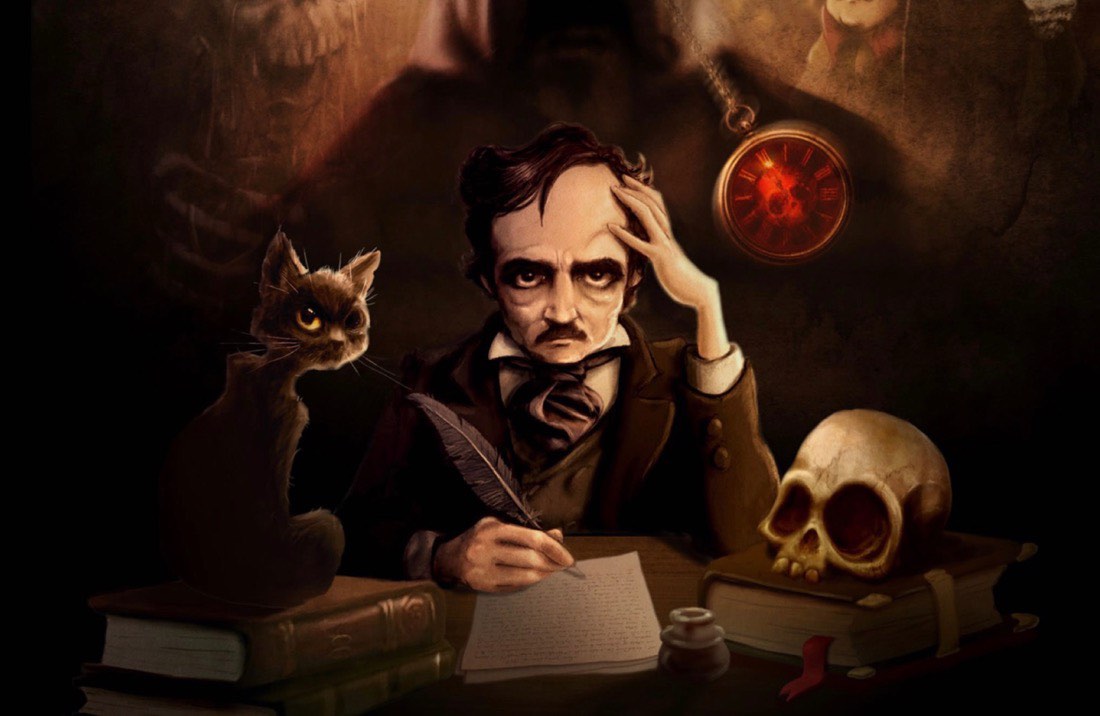 Imagen promocional del libro interactivo: iPoe. Se muestra a Edgar Allan Poe escribiendo en una mesa con una clabera, un gato y una sombra tras de si. El estilo gráfico es cartoon.