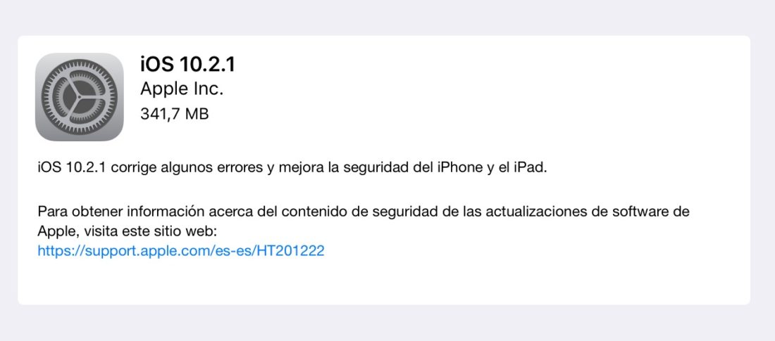 ios 10.2.1 para iPhone, iPad y iPod Touch