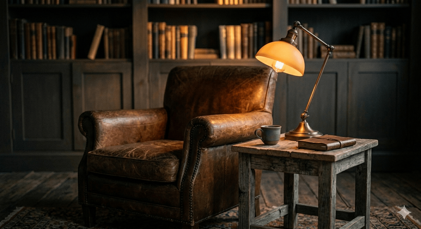 Poltrona de couro vintage ao lado de mesa rústica com luminária, xícara e caderno em sala com estantes de livros ao fundo, representando o espaço analítico da psicanálise