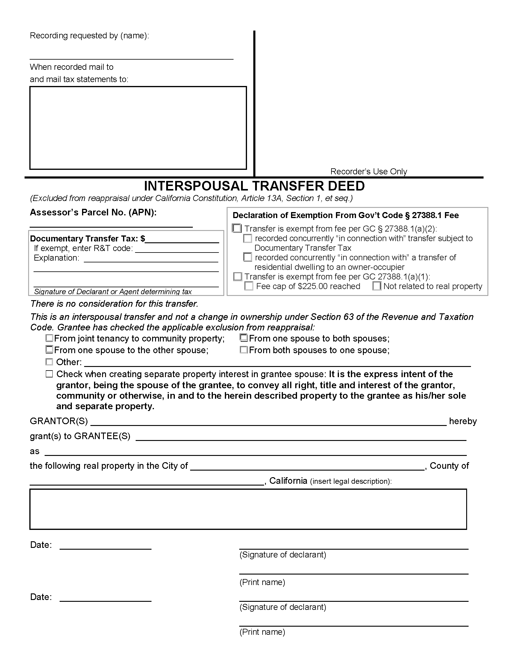 Free california interspousal transfer deed form