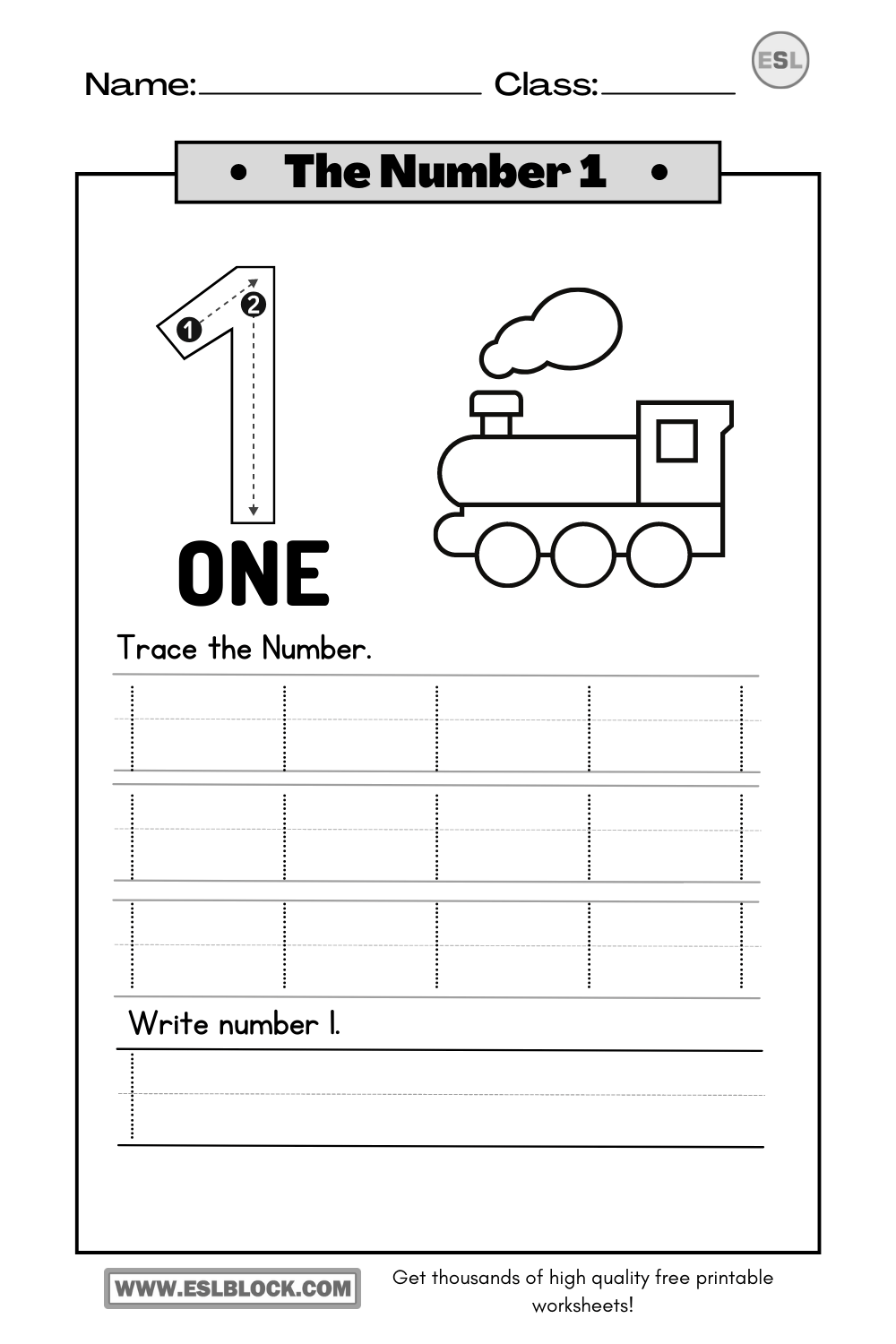 tracing number 1 worksheets english as a second language