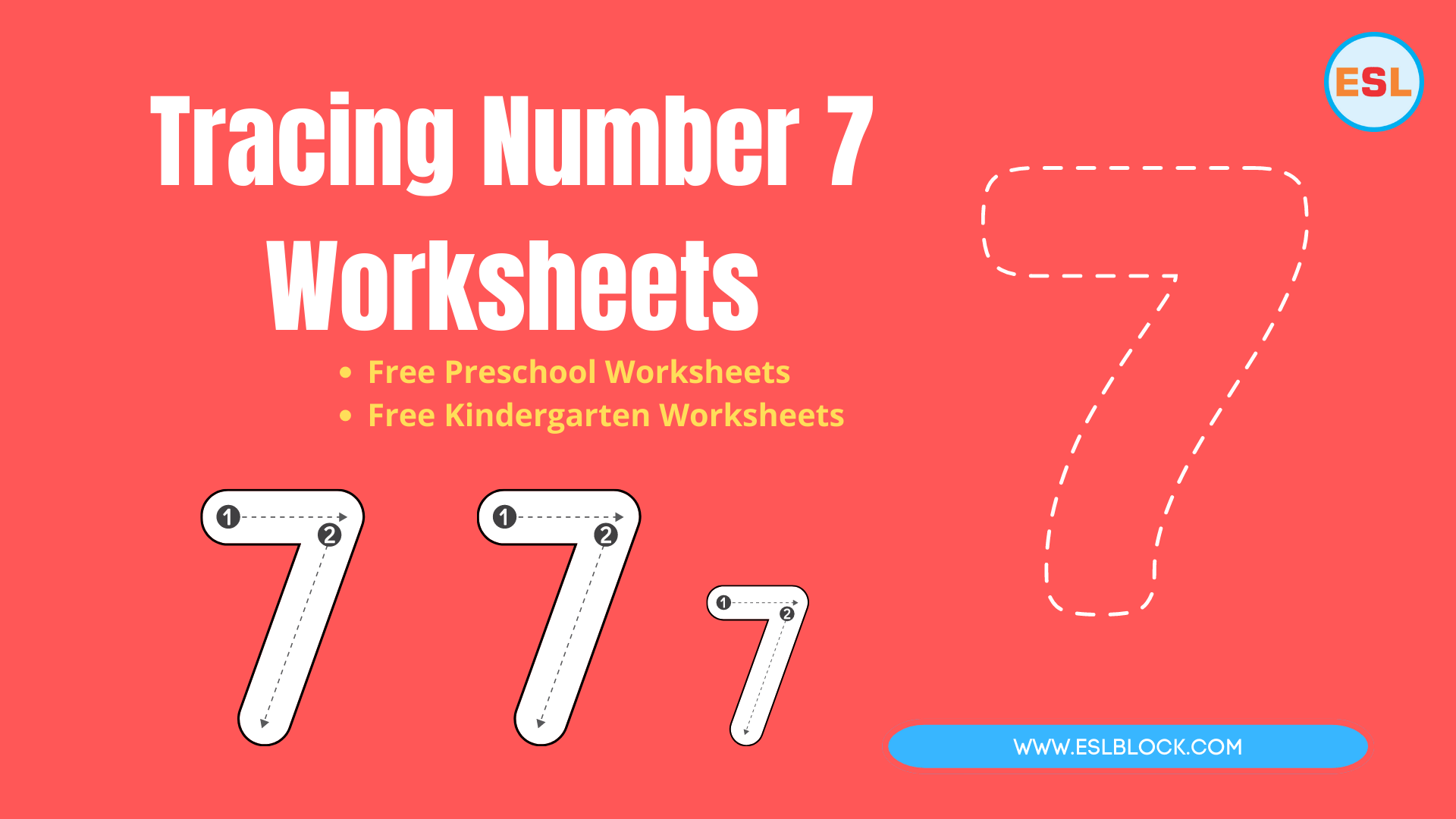 tracing number 7 worksheets english as a second language