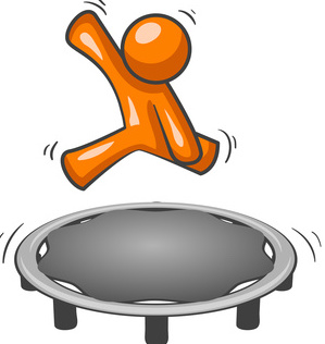 An orange man having fun jumping on a trampoline.
