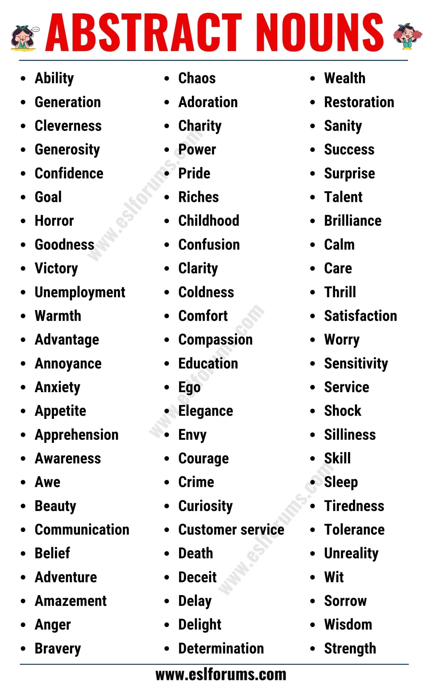 Abstract noun: list of 150 common abstract nouns in english