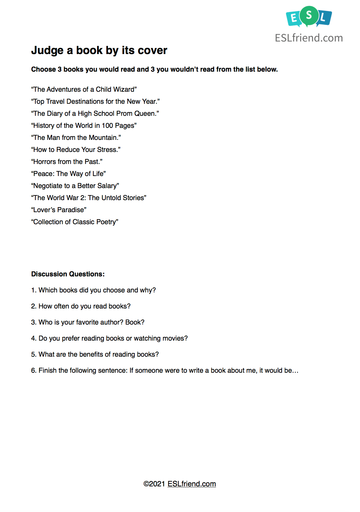 ESL Conversation Books - Free ESL handout - ESLfriend.com
