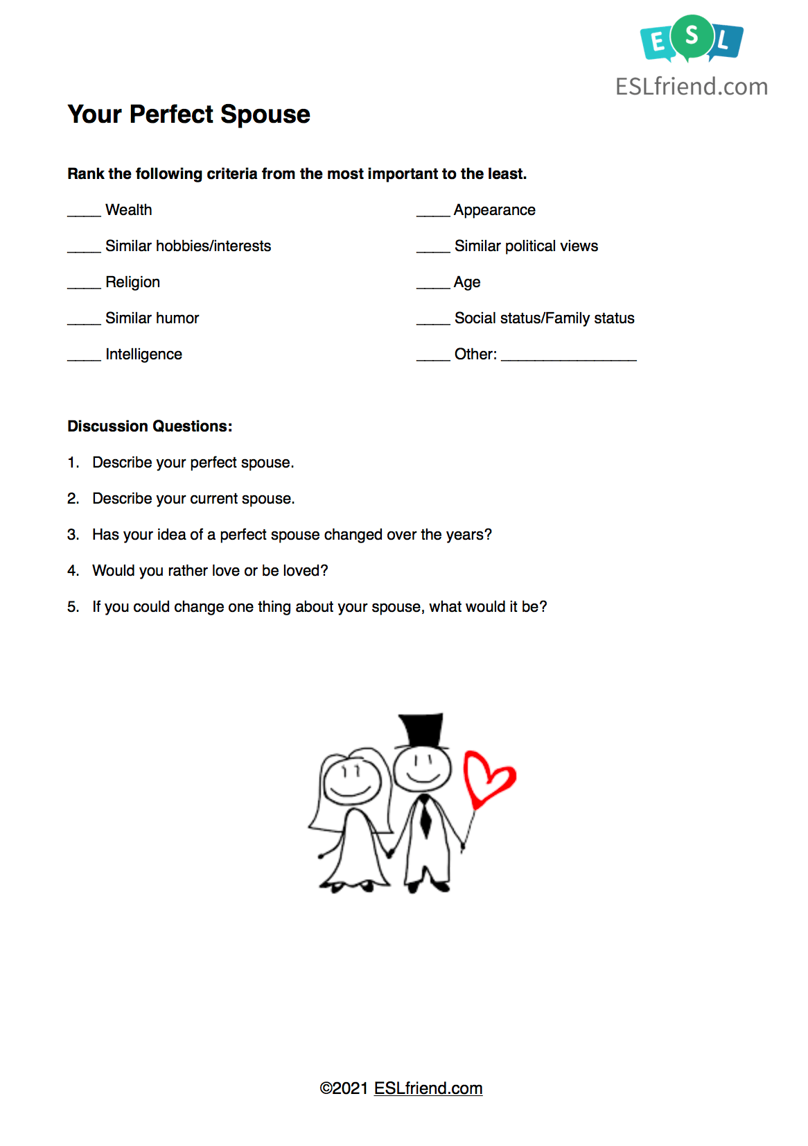 Love and Relationships - Free ESL handout - ESLfriend.com