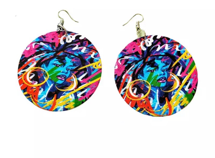 African Blue Girl Vintage Wooden Earrings