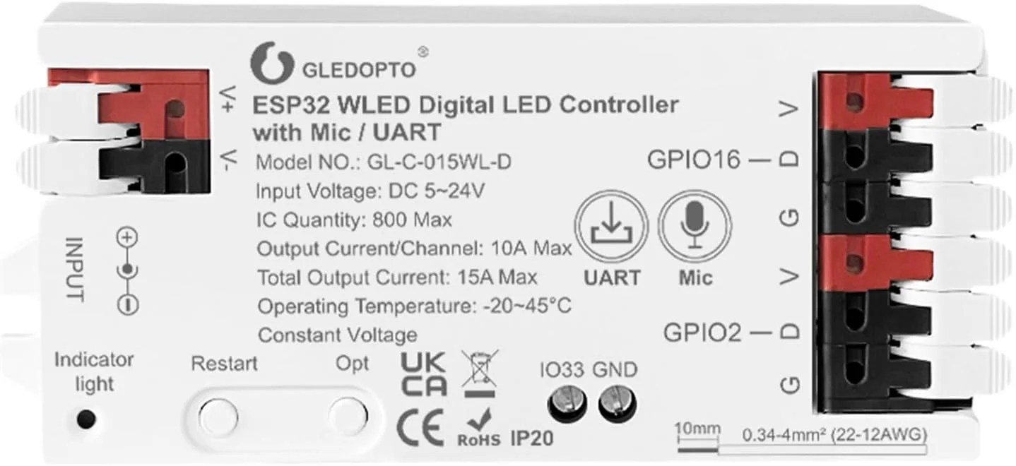 GLEDOPTO ESP32 WLED controller for addressable LED strips with microphone