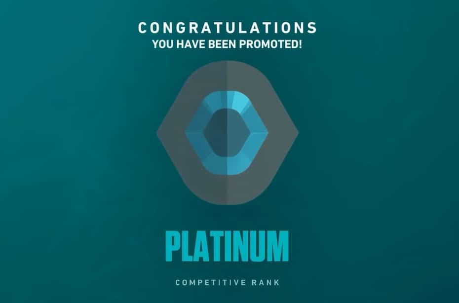 A graphic displaying a Platinum rank icon with the text 'CONGRATULATIONS YOU HAVE BEEN PROMOTED! PLATINUM COMPETITIVE RANK' in the game Valorant.