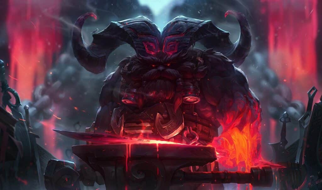 The image is a depiction of Ornn, a character from the popular multiplayer online battle arena (MOBA) game League of Legends