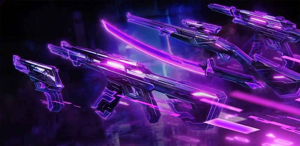 An image of the EX.O Collection weapon skins from the game Valorant, featuring several futuristic firearms with glowing purple accents and a curved melee weapon