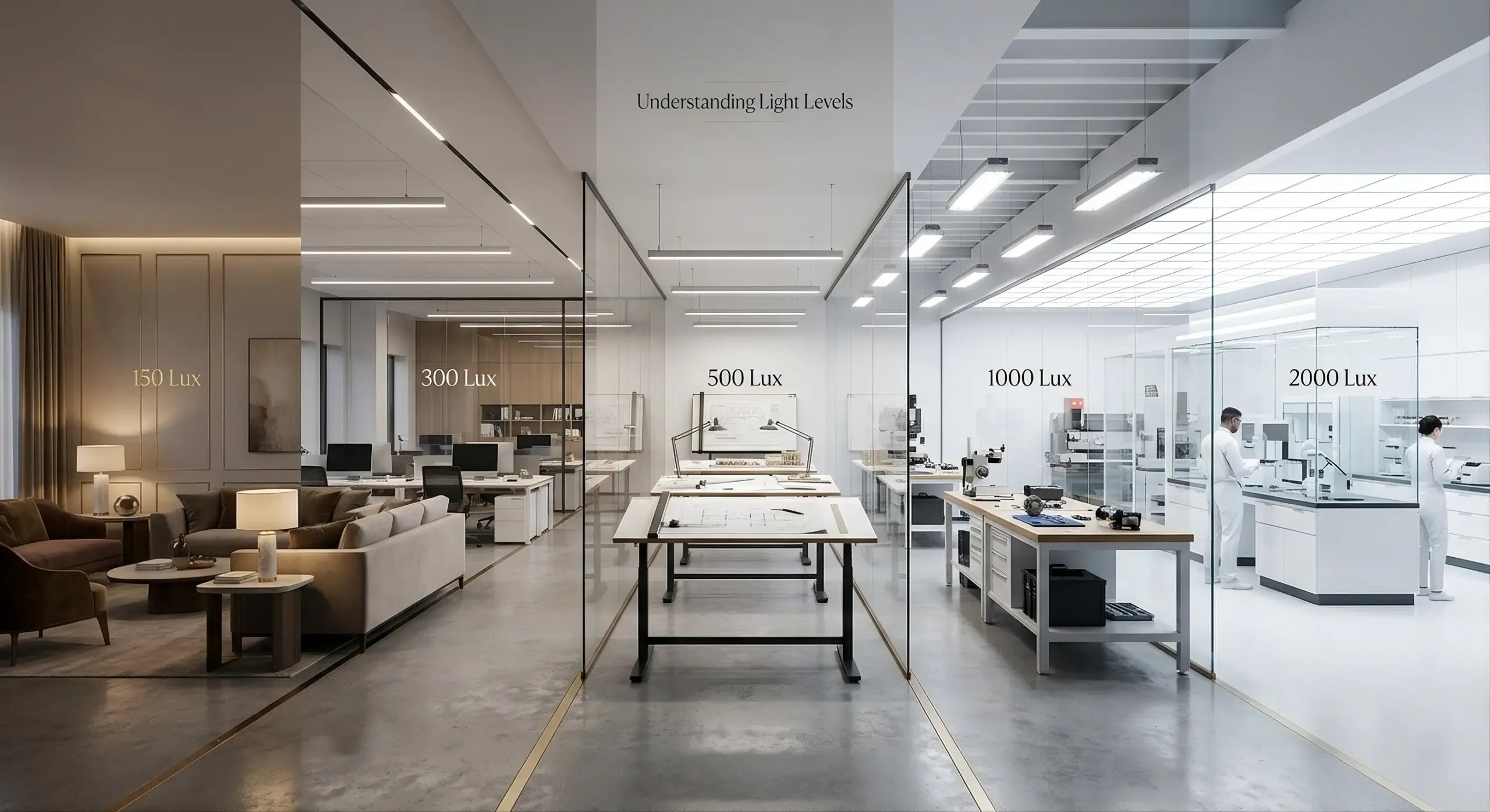 Commercial lighting design standards by Essentia Lighting & Control comparing architectural illumination levels from 150 lux to 2000 lux for residential, corporate office, and engineering studio spaces.