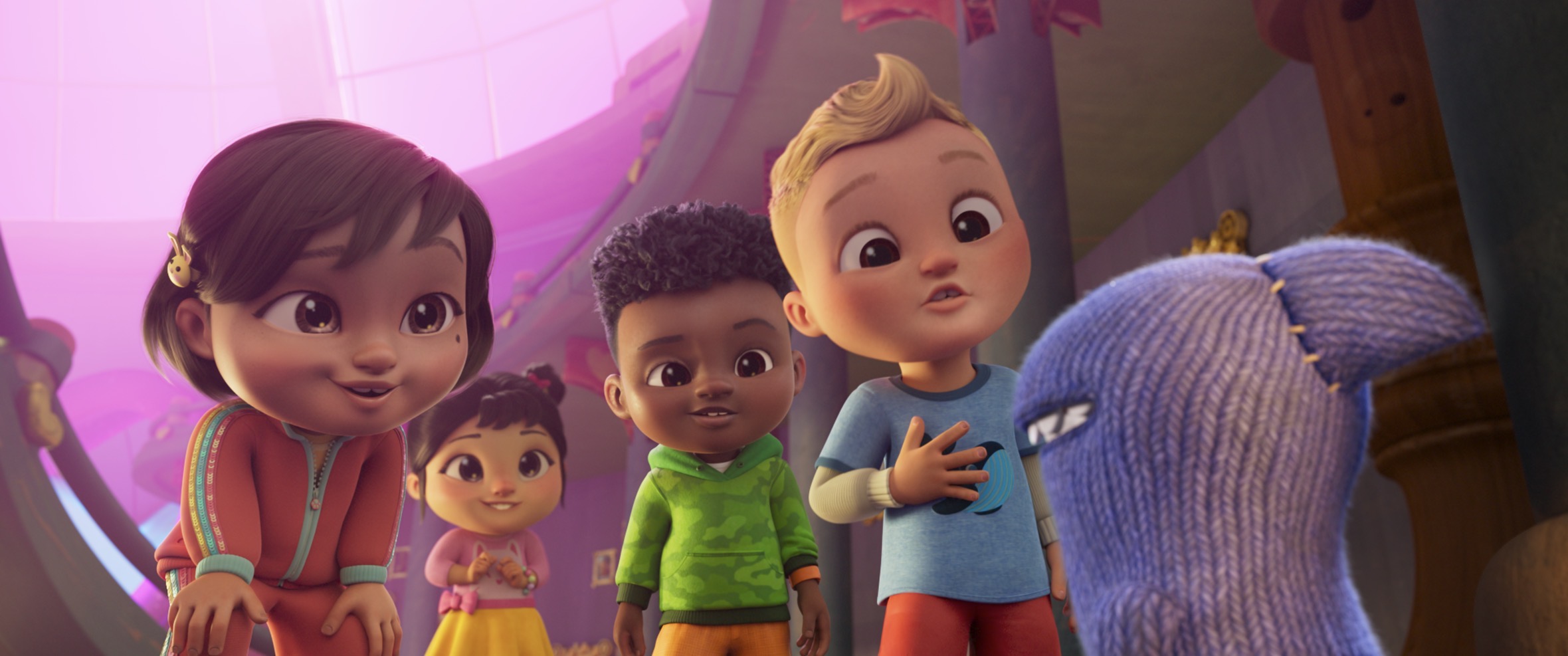 (From left) Nina (Olivia Leyva), CeCe (Aerina DeBoer), Cody (Camden Brooks), JJ (Connor Esterson) and Lefty (Rhys Darby) in CoComelon: The Movie, directed by Kathleen Good. © DreamWorks Animation. All Rights Reserved